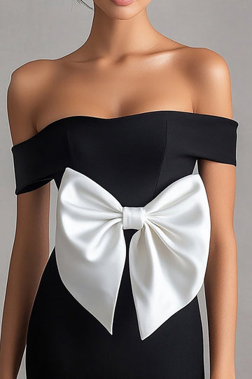 Bodycon Satin Off the Shoulder Little Black Dress with Bow